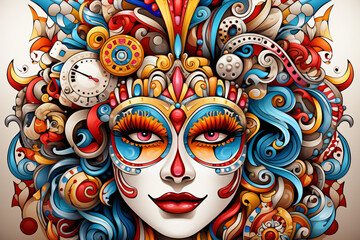 Elaborate makeup art with whimsical patterns and bright colors