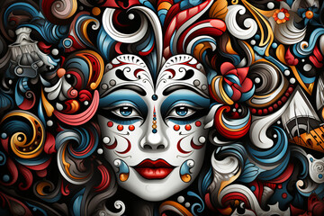 Fototapeta na wymiar Surreal portrait with a mask of swirling designs and cool tones