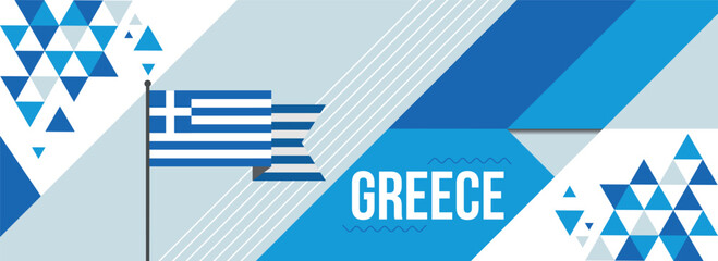 Greece national or independence day banner design for country celebration. Flag of Greek with modern retro design and abstract geometric icons. Vector illustration.