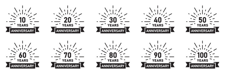 Set of anniversary logotypes. Birthday label with 10, 20, 30, 40, 50, 60, 70, 80, 90, 100 year and ribbon. Anniversary icons numbers. Vector. - obrazy, fototapety, plakaty