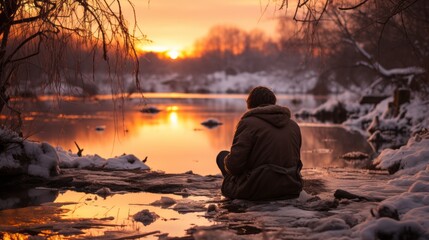 A lone figure embraces the beauty of a wintry landscape, gazing at the fiery sky as the serene waters reflect the fading light of the setting sun