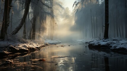 Amidst the tranquil winter landscape, a misty river winds through a snow-dusted forest, its reflective surface shrouded in a cloak of fog and mystery - obrazy, fototapety, plakaty