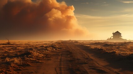As the sky ignites with the warm hues of sunset, a lone lighthouse stands tall on the rugged landscape, its beacon piercing through the clouds of smoke rising from the dirt road below