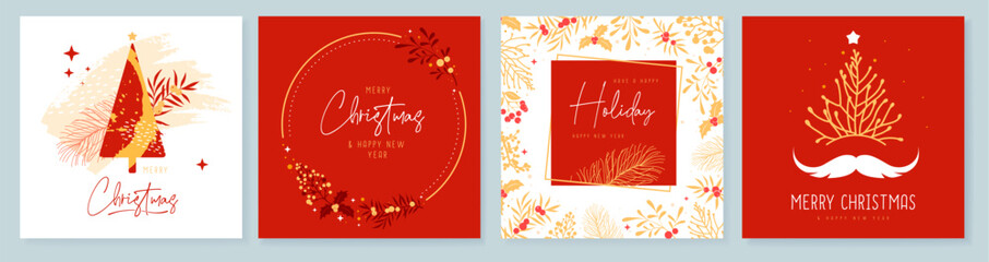 Set of Christmas holiday greeting cards or covers with christmas floral desoration. Vector illustration - obrazy, fototapety, plakaty