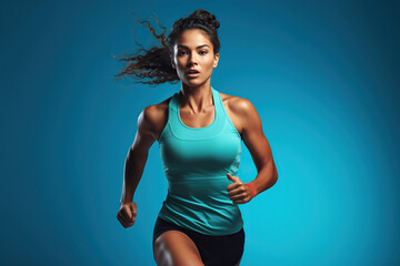 Sporty woman runner in action on minimal blue background