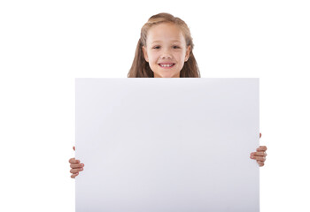 Happy girl, portrait and billboard for advertising or marketing isolated on a transparent PNG background. Female person, child or kid smile holding poster for deal, sale or advertisement message
