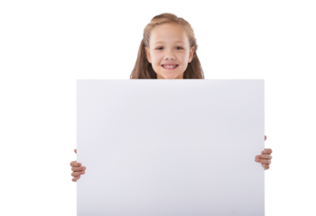 Happy girl, portrait and billboard for advertising or marketing isolated on a transparent PNG background. Female person, child or kid smile holding poster for deal, sale or advertisement message