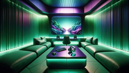 In a neon-lit futuristic room, a robotic figure stands amidst the vibrant green and purple lights, casting a mesmerizing screenshot of otherworldly colors and electrifying energy