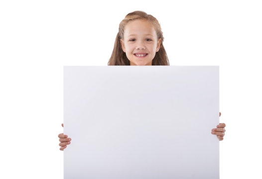 Happy girl, portrait and billboard for advertising or marketing isolated on a transparent PNG background. Female person, child or kid smile holding poster for deal, sale or advertisement message