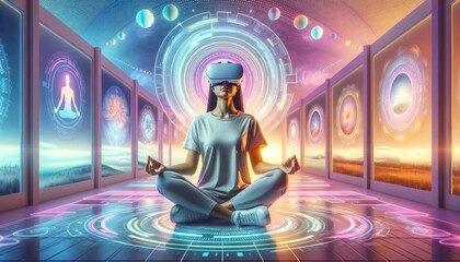Through the futuristic lens of virtual reality, a woman immerses herself in a world of vibrant mental health, blending art, personhood, painting, and dance in a wild and fluid expression of wellbeing - obrazy, fototapety, plakaty