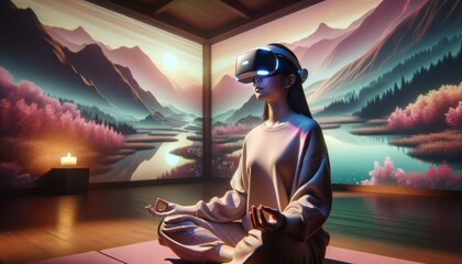 In a vibrant world of digital wellness, a woman embraces her mental health journey through futuristic virtual reality goggles, transforming into a whimsical art masterpiece captured in a screenshot - obrazy, fototapety, plakaty