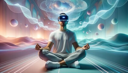 As a cartoon figure dons his futuristic vr goggles, he dives into a wild and fluid world of mental wellbeing, surrounded by vibrant animations and captivating art - obrazy, fototapety, plakaty