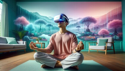 Immersed in a futuristic world of mental wellbeing, a person adorned in cartoon clothing sits on the floor with a vr headset, surrounded by indoor furniture and a wall painted with wild, fluid stroke