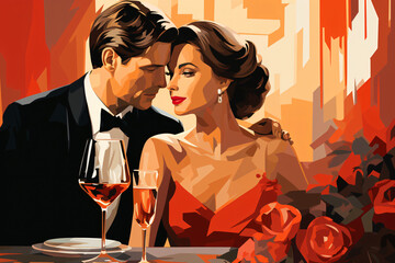 Stylized portrait of a couple at dinner