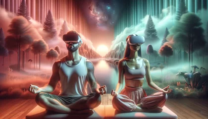 Foto op Canvas Amidst a world of endless possibilities, a couple finds solace in their virtual reality meditation, art and technology their minds and spirits in a whimsical and futuristic display of mental wellbein © Glittering Humanity