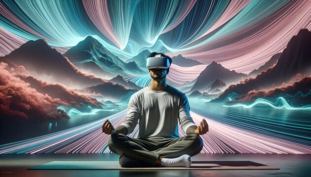 A futuristic man immerses himself in a virtual world of art, seeking mental wellbeing through the vibrant colors and playful cartoons within his goggles