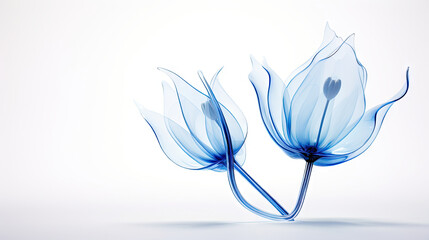  two blue flowers with long stems on a white background with a soft shadow.  generative ai - obrazy, fototapety, plakaty
