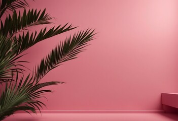 Fototapeta na wymiar Blurred shadow from palm leaves on the pink wall Minimal abstract background for product presentation