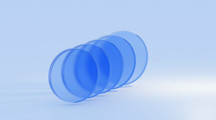 3D rendered illustration with glass cylinders in blue colors. A minimal abstract scene with geometrical forms on a light background.