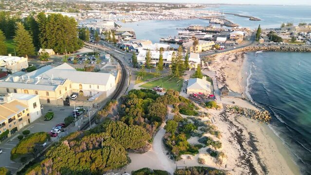 Aerial view of Fremantle port and coastline on a sunny afternoon, Western Australia