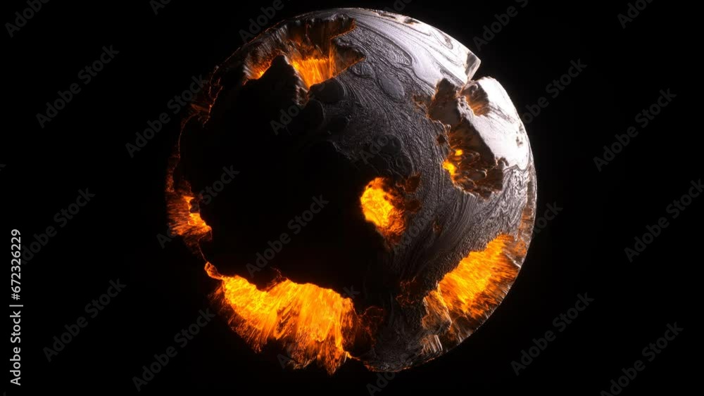 Sticker 3d render video animation abstract damaged 3d planet earth , moon or asteroid in spherical shape wit