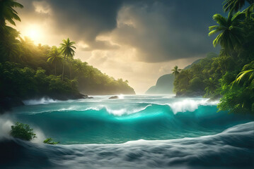 Rough tropical sea with beautiful giant waves with palm trees in the background. - obrazy, fototapety, plakaty