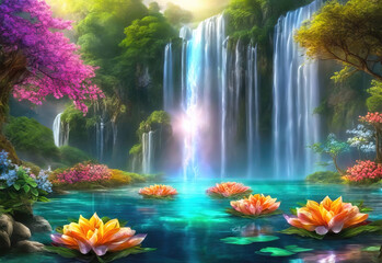 A beautiful paradise land full of flowers, rivers and waterfalls, a blooming and magical idyllic Eden garden.