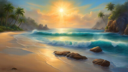 Tropical beach with huge ocean waves, beautiful view at sunset, oil painting on canvas.