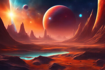 Landscape of an alien planet, view of another planet surface, science fiction background.