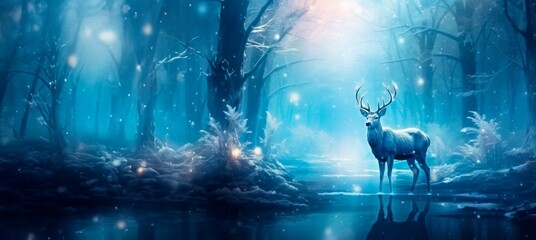 Merry Christmas . Winter Wonderland: Enchanting Reindeer  in a Magical Light and snow Display,  banner background xmas card, copy space for text