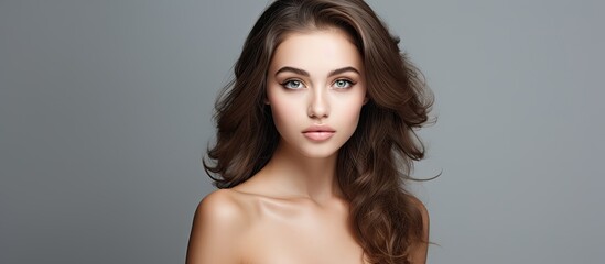 Naklejka premium A stunning young woman with brown hair styled back a clear and radiant complexion large eyes and exposed shoulders striking a pose against a gray studio backdrop in a beautiful photograph ap