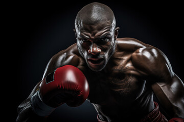 Black skinned man boxer in red boxing gloves on dark backdrop