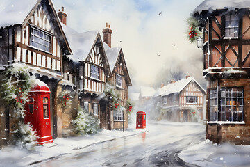 Watercolor painting realistic The atmosphere of houses with snow falling on Christmas Day.