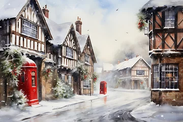 Foto op Plexiglas Grijs Watercolor painting realistic The atmosphere of houses with snow falling on Christmas Day.