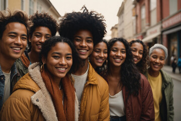 Multiethnic group of happy friends in the street