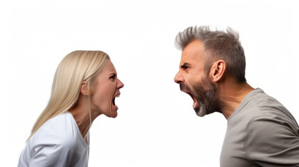 Marital Strife: Mid-Aged Couple in Heated Argument Isolated on White - A Study of Relationship Tensions. - obrazy, fototapety, plakaty