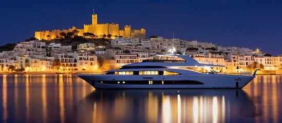 Luxury yacht in the town at night - obrazy, fototapety, plakaty
