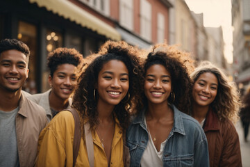 Multiethnic group of happy friends in the street