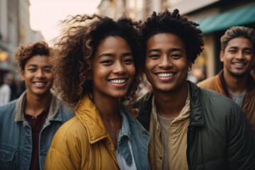 Multiethnic group of happy friends in the street