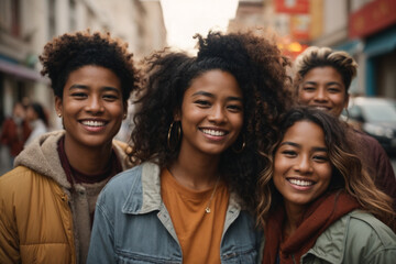 Multiethnic group of happy friends in the street