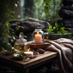 Spa still life with candle and towel in nature. Ambiance of well-being, peace and tranquility, tranquil luxury care and massage center, advertising wallpaper, alternative holistic health, aromatherapy