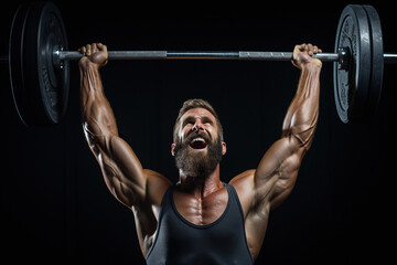 Fototapeta premium A male bodybuilder lifts a barbell with a heavy weight above him