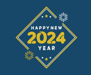 Happy New Year 2024 Holiday Yellow And White Abstract Design Vector Logo Symbol Illustration With Blue Background