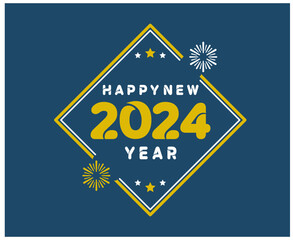 Happy New Year 2024 Holiday Yellow And White Abstract Design Vector Logo Symbol Illustration With Blue Background