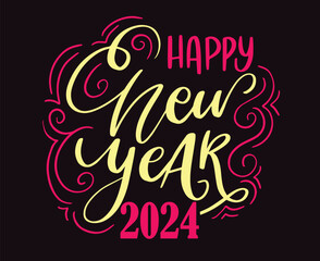 Happy New Year 2024 Holiday Pink And Yellow Abstract Design Vector Logo Symbol Illustration With Black Background