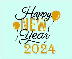 Happy New Year 2024 Holiday Black And Yellow Abstract Design Vector Logo Symbol Illustration With Cyan Background