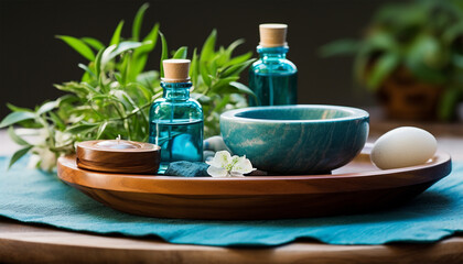 Small bottles of rosemary oil for aromatherapy, candle and bowl on a wooden plate. Healthy ambiance, photograph for advertising a holistic health center, horizontal poster for spa. Well-being concept