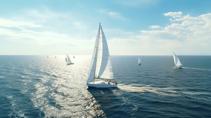 Fototapeta premium Aerial Majesty: Regatta Yachts with Billowing Sails Tackling the Open Seas in Windy Splendor.