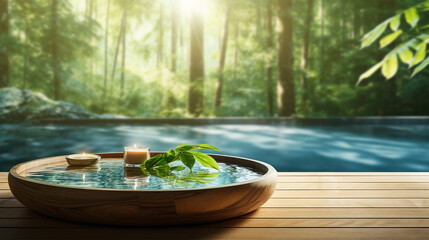 Thermal still life, green leaves on still water. Zen meditative lifestyle concept, wooden bowl with candle. Copy space, horizontal poster, tranquility in healing center, natural well-being, Spa