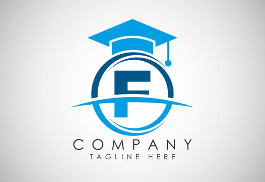 English alphabet F in a circle with education hat. Education and graduation logo vector